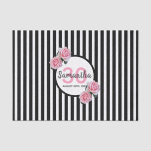 30th birthday pink roses black white stripes name tissue paper