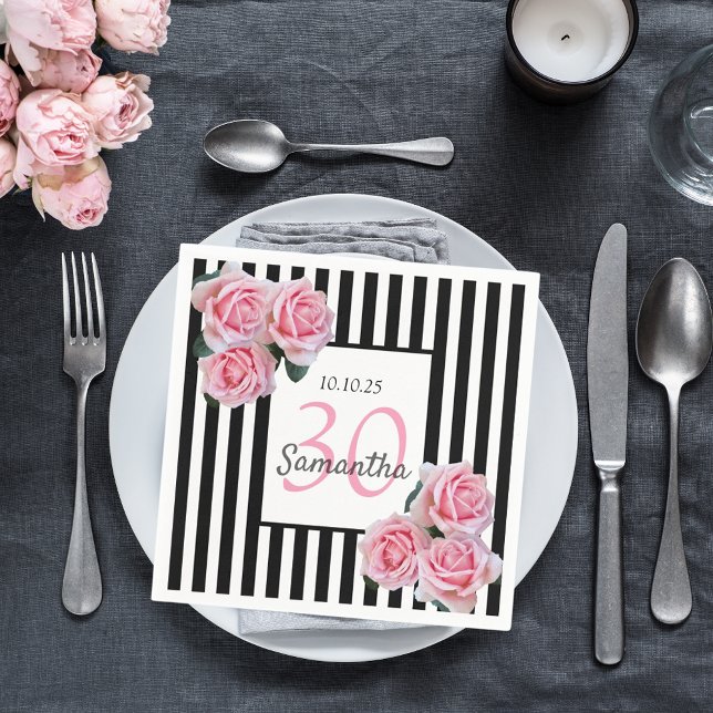 30th birthday pink roses black white stripes napkin (Creator Uploaded)