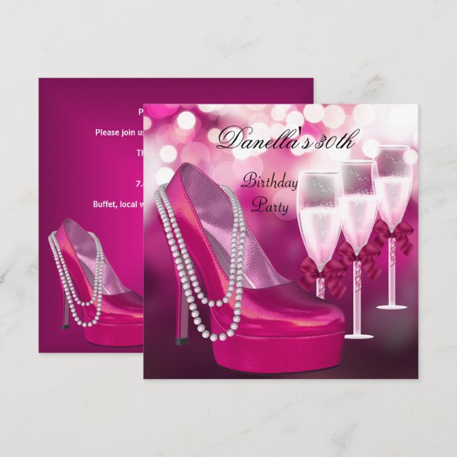 30th Birthday Pink Shoes Hi Heels Champagne 2 Invitation (Front/Back)