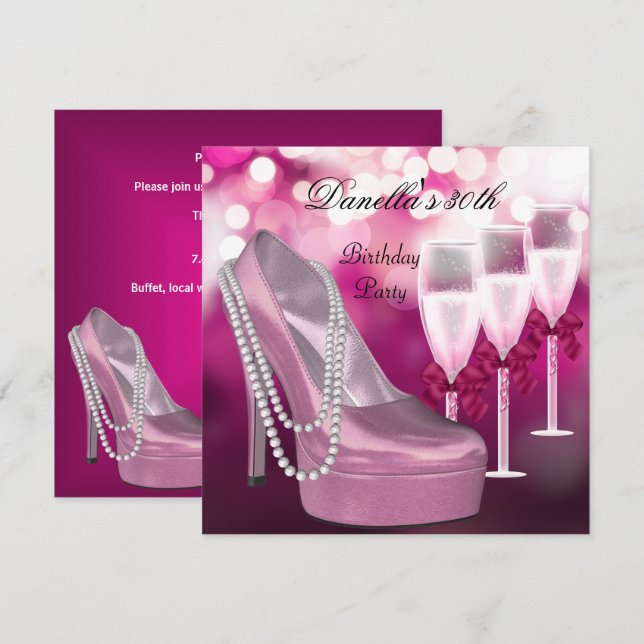 30th Birthday Pink Shoes Hi Heels Champagne Invitation (Front/Back)