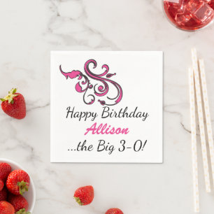 30th Birthday Pink Swirls Custom Paper Napkins