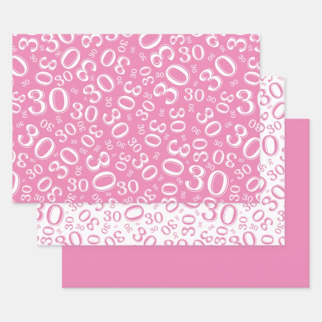 30th Birthday Pink & White Number Pattern 30 Wrapping Paper Sheet (Set)
