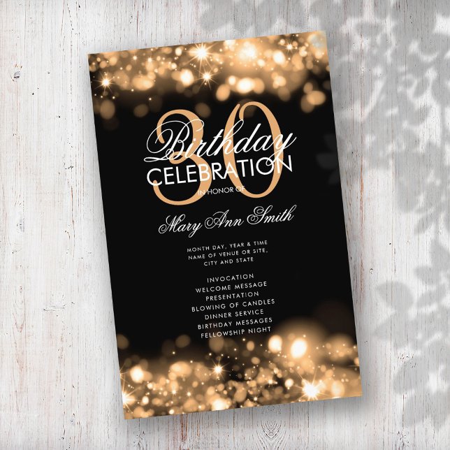 30th Birthday Program Glam Lights Gold Menu  (Creator Uploaded)