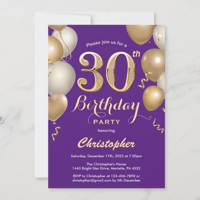 30th Birthday Purple and Gold Balloons Confetti Invitation (Front)