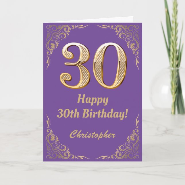 30th Birthday Purple and Gold Glitter Frame Card (Front)