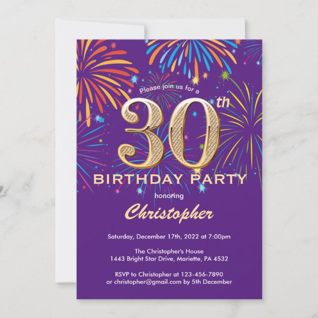 30th Birthday Purple and Gold Rainbow Fireworks Invitation (Front)