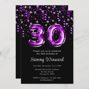 30th Birthday Purple Balloons Snowflake Confetti Invitation