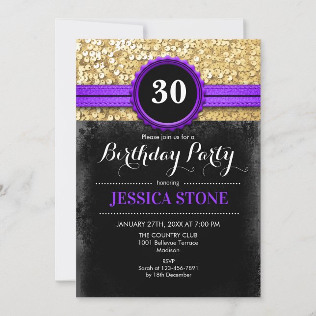 30th Birthday - Purple Black Gold - ANY YEAR Invitation (Front)