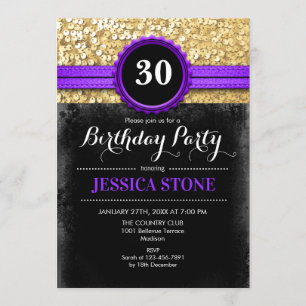 30th Birthday - Purple Black Gold - ANY YEAR Invitation