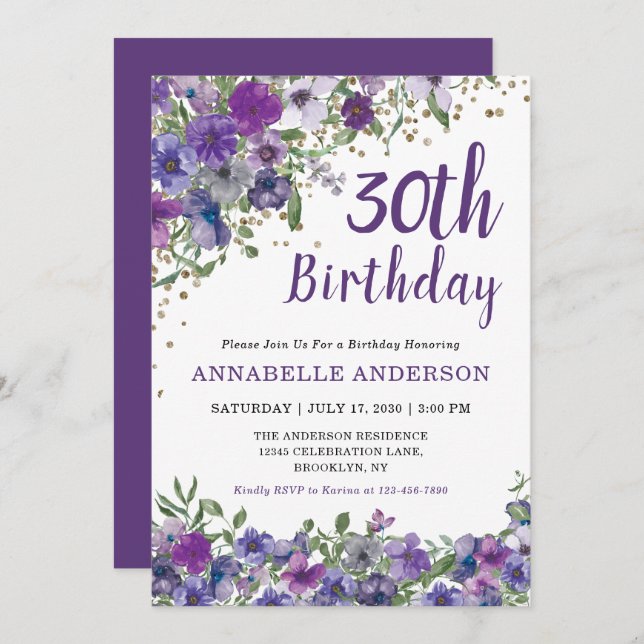 30th Birthday Purple Floral Gold Confetti Dots Invitation (Front/Back)