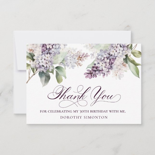 30th Birthday Purple Lilac Spring Flower Thank You Card (Front)