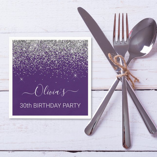30th Birthday Purple Silver Glitter Any Age Napkin (Creator Uploaded)