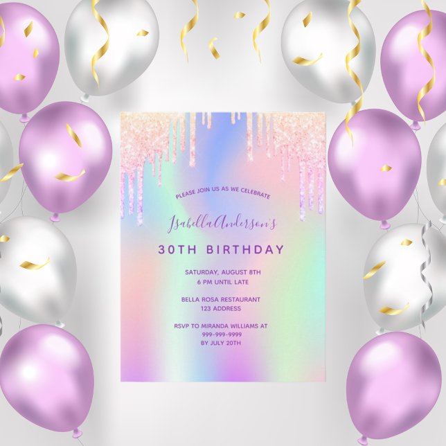 30th birthday rainbow glitter pink glam invitation postcard (Creator Uploaded)