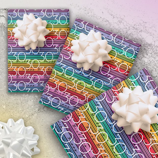 30th Birthday Rainbow Stripes Wrapping Paper Sheet (Creator Uploaded)
