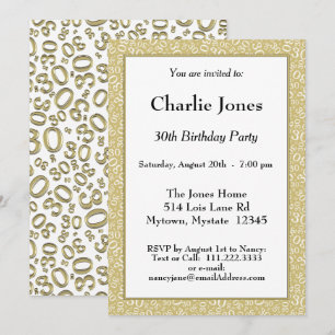 30th Birthday Random Number Pattern Gold/White Invitation