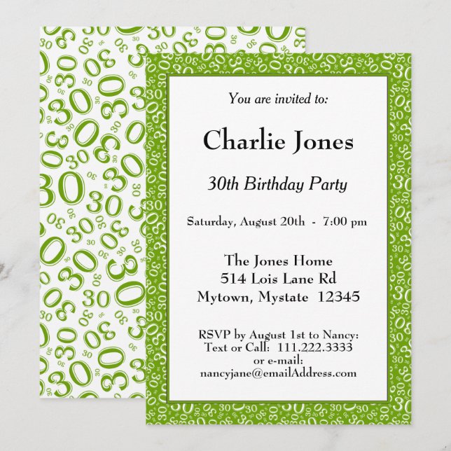 30th Birthday Random Number Pattern Green/White Invitation (Front/Back)