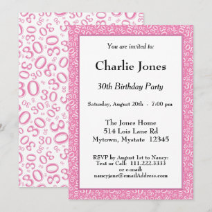 30th Birthday Random Number Pattern Pink/White Invitation