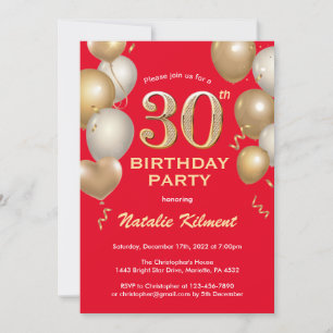 30th Birthday Red and Gold Glitter Balloons Invitation