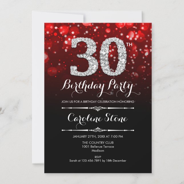 30th Birthday - Red Black Silver Invitation (Front)