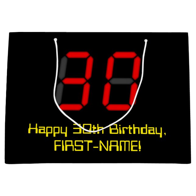 30th Birthday: Red Digital Clock Style "30" + Name Large Gift Bag (Front)