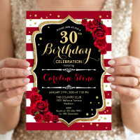 30th Birthday - Red Gold Black White Stripes Roses