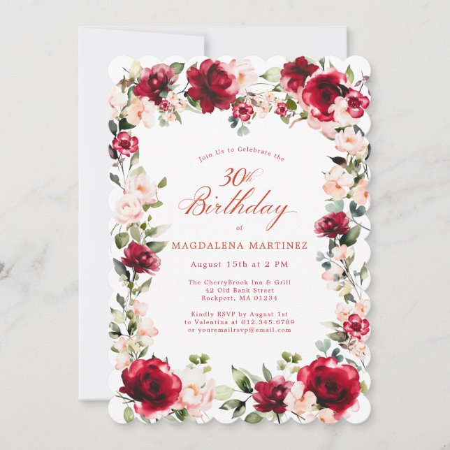 30th Birthday Red Rose Pink Peony Floral Invitation (Front)