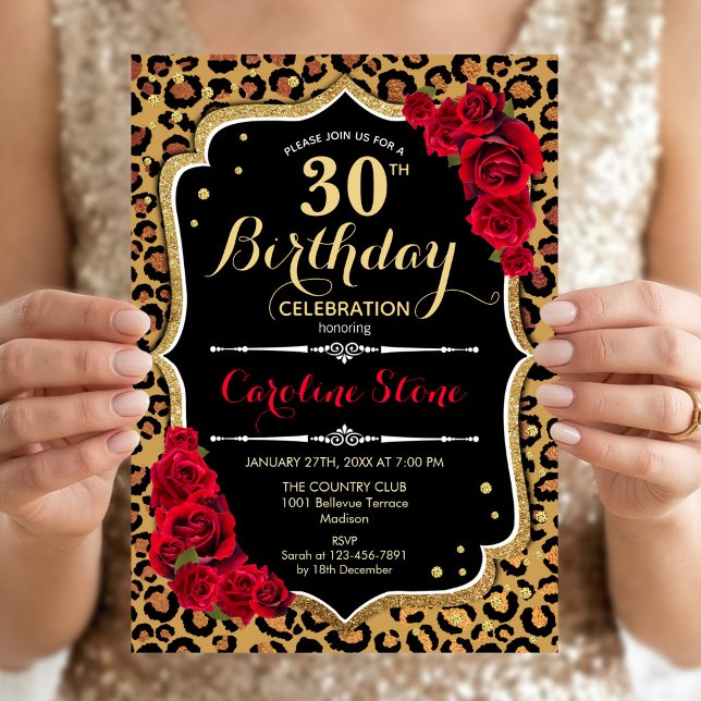 30th Birthday - Red Roses Leopard Print Invitation (Creator Uploaded)