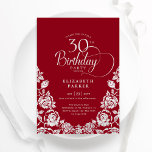 30th Birthday Red Silver Roses Invitation<br><div class="desc">Red silver elegant 30th birthday party invitation. Classy design featuring roses,  faux silver foil and typography script font. Trendy invite card perfect for a stylish female bday celebration. Personalise with your own details. Can be customised to any age. Printed Zazzle invitations or instant download digital printable template.</div>