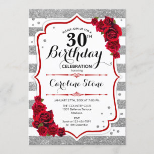 30th Birthday -  Red Silver White Stripes Roses Invitation