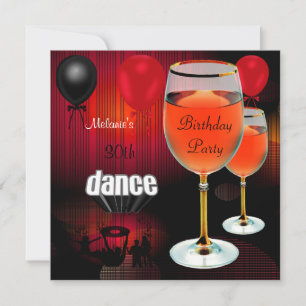 30th Birthday Red Wine Glass Dance Balloons Invitation