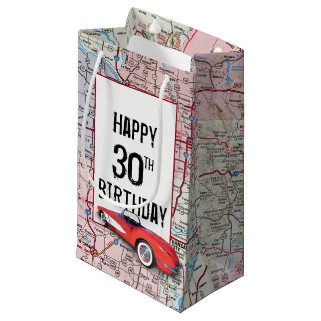 30th Birthday Retro Corvette On Map Small Gift Bag (Front Angled)