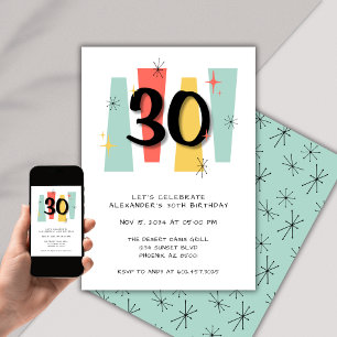30th Birthday Retro Midcentury Modern Colourful Invitation