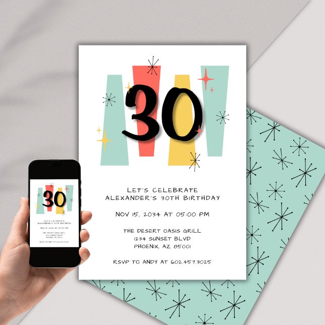 30th Birthday Retro Midcentury Modern Colourful Invitation (Creator Uploaded)