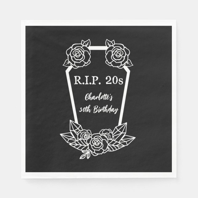 30th Birthday Rip 20s Black Roses Coffin Party Napkin (Front)