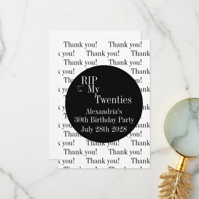 30th Birthday RIP 20s Party Thank You Card (Front/Back In Situ)