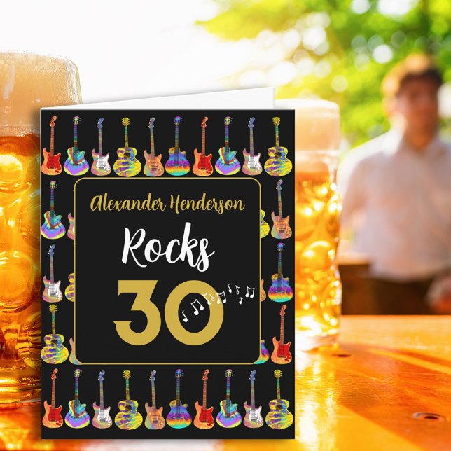 30th Birthday Rock and Roll Guitar add Name Card (30th birthday rock and roll guitar black and gold personalized rocks 30 greetings card)
