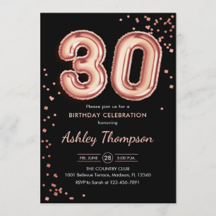 30th Birthday - Rose Gold Balloons Black Invitation