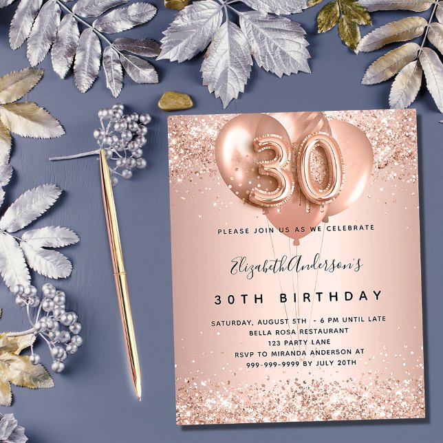 30th birthday rose gold balloons budget invitation flyer (Creator Uploaded)