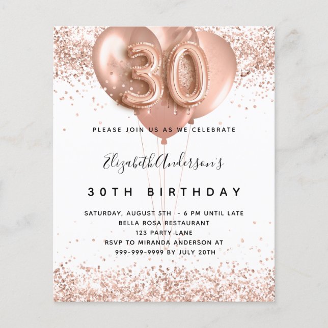 30th birthday rose gold balloons budget invitation flyer (Front)