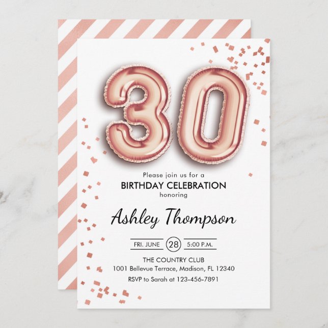 30th Birthday - Rose Gold Balloons Invitation (Front/Back)