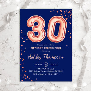 30th Birthday - Rose Gold Balloons Navy Invitation