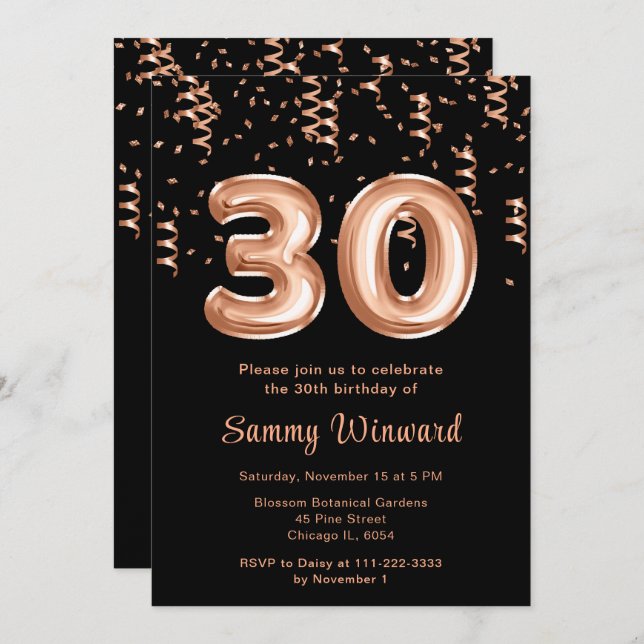30th Birthday Rose Gold Balloons with Confetti Invitation (Front/Back)