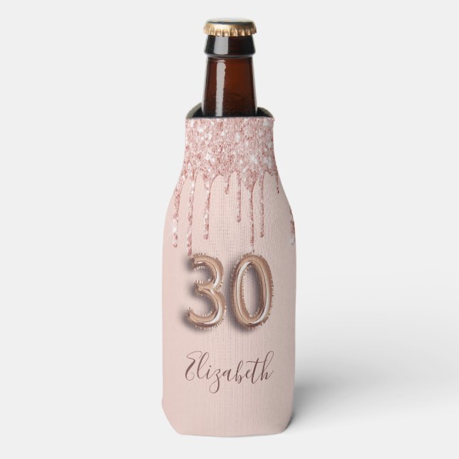 30th birthday rose gold blush glitter drips name bottle cooler (Bottle Front)