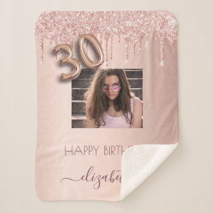30th birthday rose gold blush glitter drips photo sherpa blanket