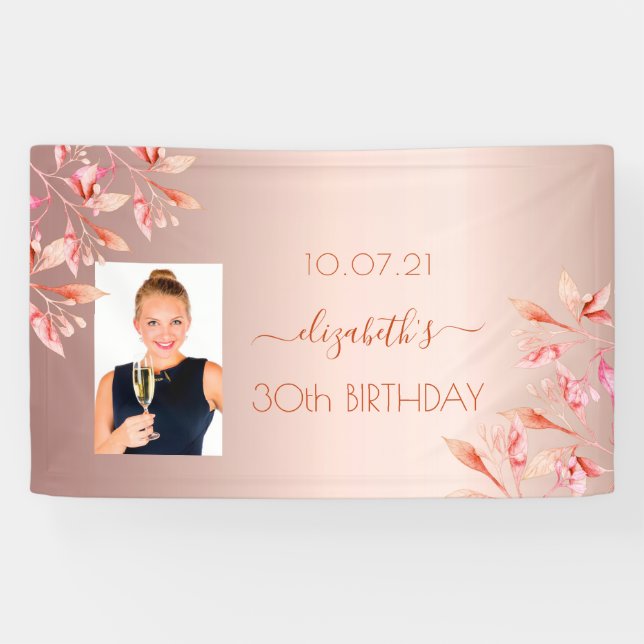 30th birthday rose gold blush pink floral photo banner (Horizontal)