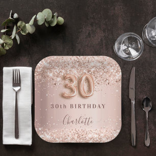 30th birthday rose gold blush pink name paper plate