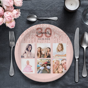 30th birthday rose gold blush pink photo paper plate