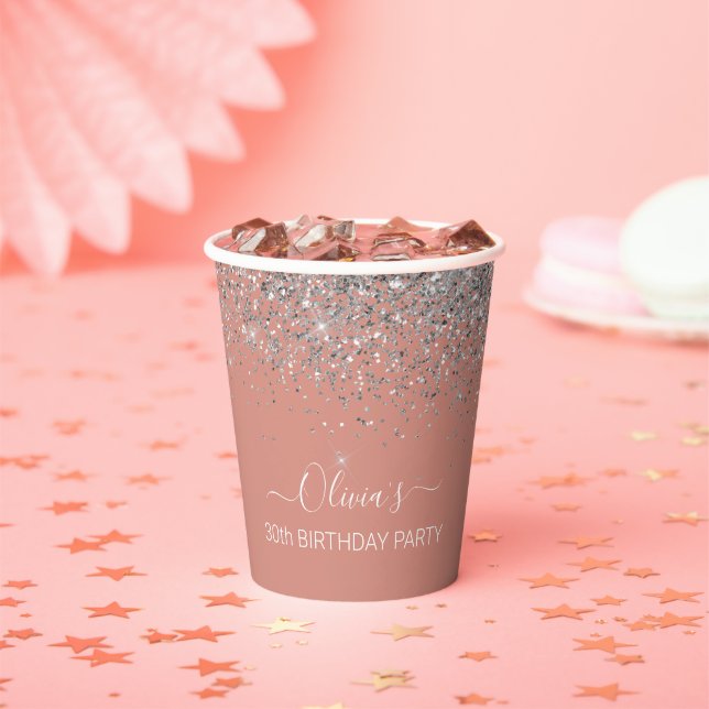 30th Birthday Rose Gold Blush Pink Silver Glitter Paper Cups (Insitu)