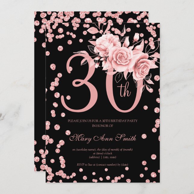 30th Birthday Rose Gold Floral & Confetti Black  Invitation (Front/Back)