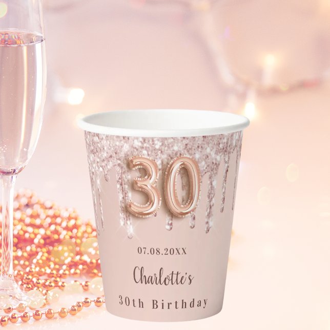 30th birthday rose gold glitter drips monogram paper cups (Creator Uploaded)